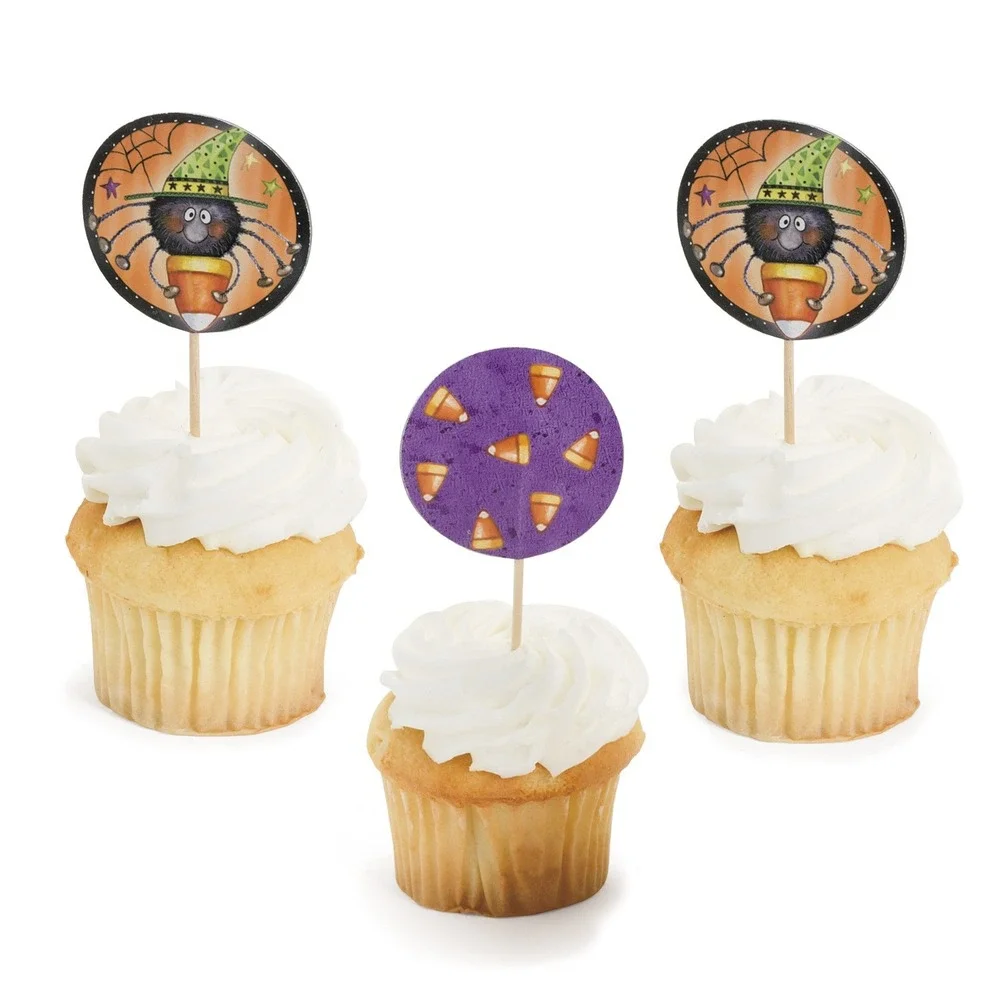 50‎ Halloween Cupcake Toppers Spider Witch Hat Candy Corn Party Picks Set